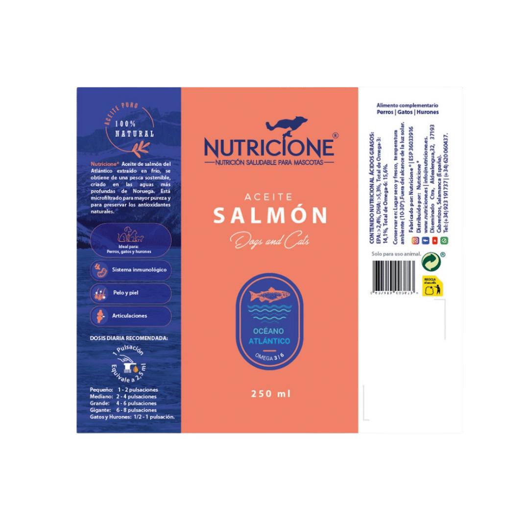Etichetă ulei de somon Nutricione 250ml – supliment natural pentru piele, blană și imunitate la câini și pisici