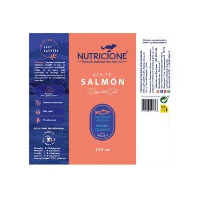 Etichetă ulei de somon Nutricione 250ml – supliment natural pentru piele, blană și imunitate la câini și pisici