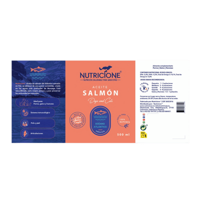 Etichetă ulei de somon Nutricione 500ml – compoziție și beneficii pentru piele, blană și imunitate