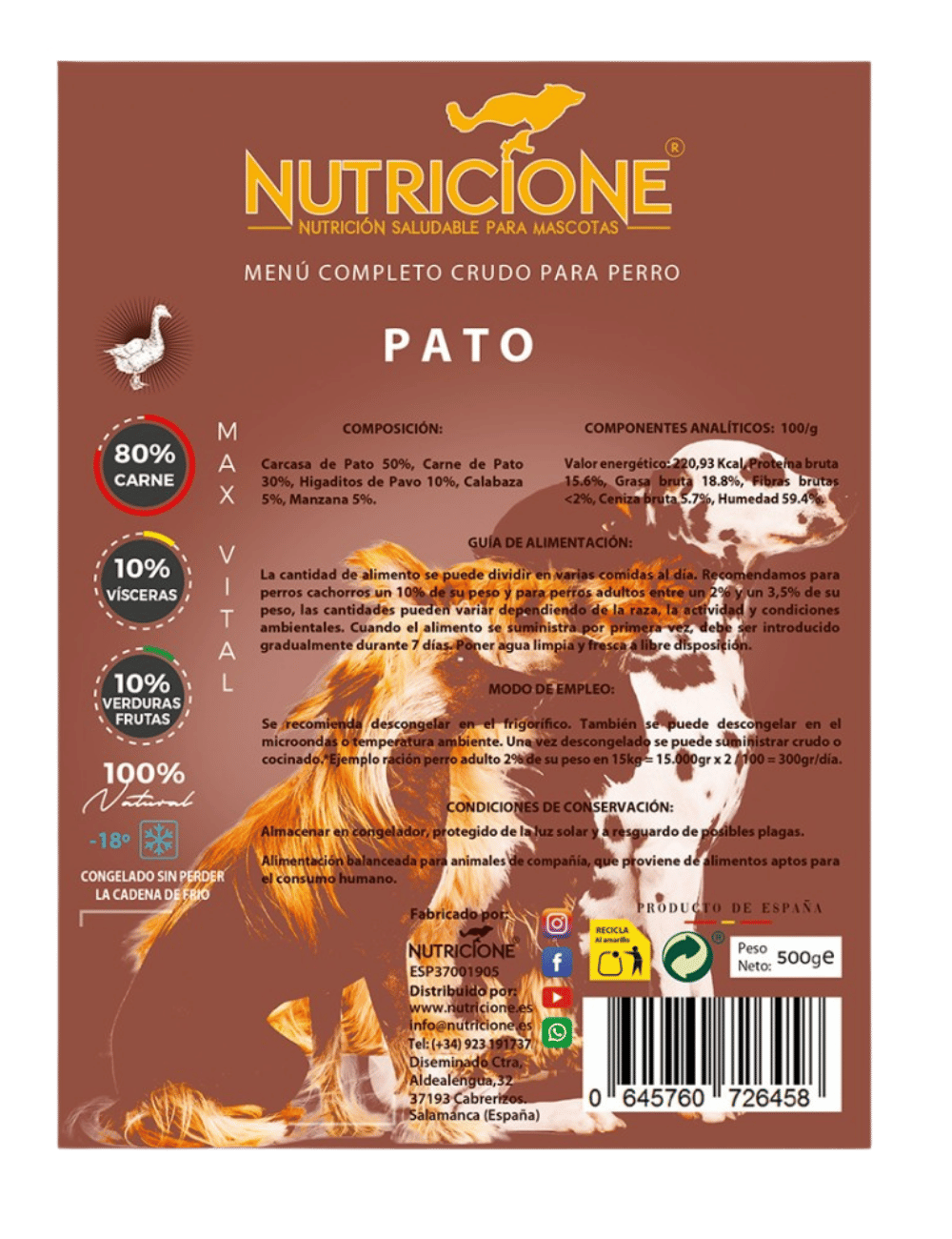 BARF complet pentru câini din rață – etichetă cu informații nutriționale