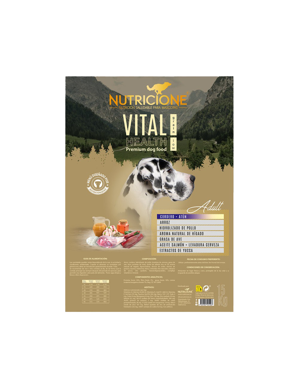 Etichetă hrană uscată Nutricione pentru câini adulți cu miel, ton și pui – ingrediente și beneficii nutriționale