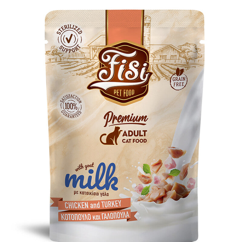 FISI Cat Adult cu Pui, Curcan & Lapte de Capra in Sos 85g