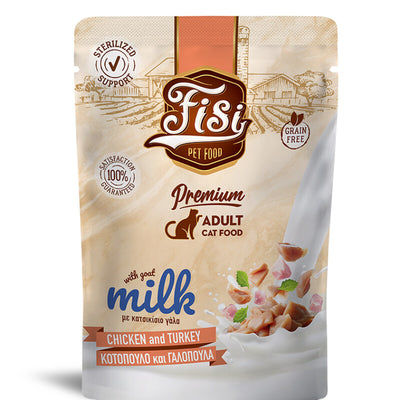 FISI Cat Adult cu Pui, Curcan & Lapte de Capra in Sos 85g