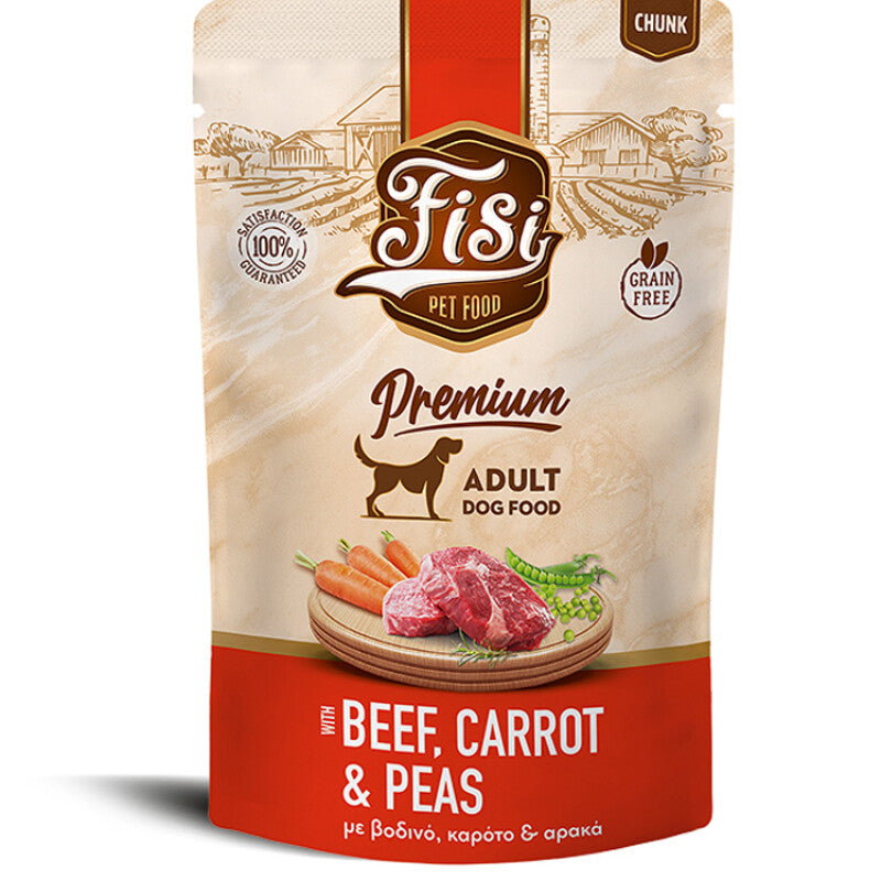 FISI Dog Adult cu Vita, Morcov & Mazare in Sos 130gr