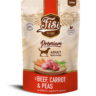 FISI Dog Adult cu Vita, Morcov & Mazare in Sos 130gr