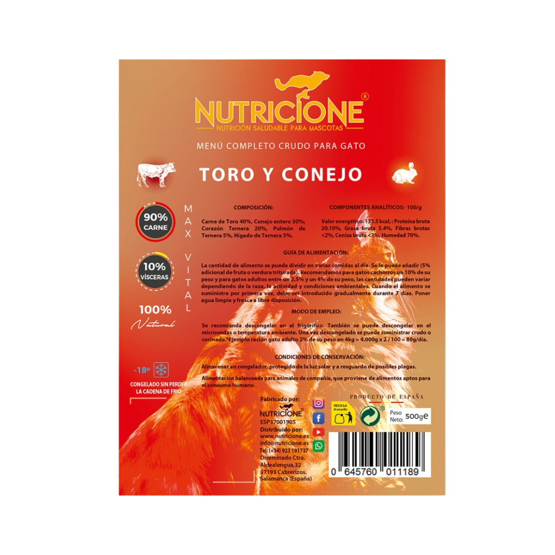Etichetă BARF Nutricione – meniu complet pentru pisici cu taur și iepure