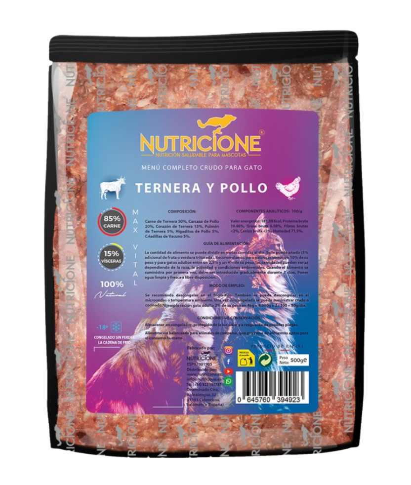 BARF complet pentru pisici Nutricione – meniu cu vită și pui, ambalaj