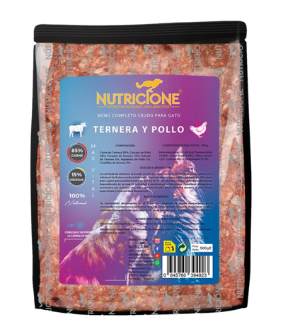 BARF complet pentru pisici Nutricione – meniu cu vită și pui, ambalaj