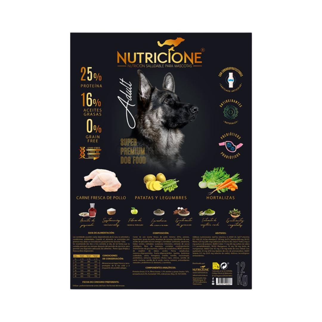 Etichetă hrană uscată Nutricione pentru câini adulți cu pui – ingrediente și beneficii nutriționale