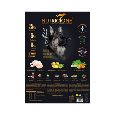 Etichetă hrană uscată Nutricione pentru câini adulți cu pui – ingrediente și beneficii nutriționale