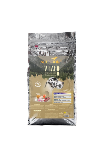 Hrană uscată pentru câini adulți Nutricione cu miel, ton și pui – ambalaj